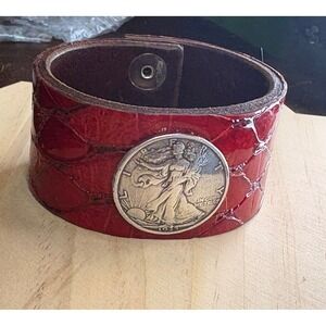 Red Snakeskin Leather Cuff Bracelet 1935 Walking Liberty Half Dollar Coin Wide